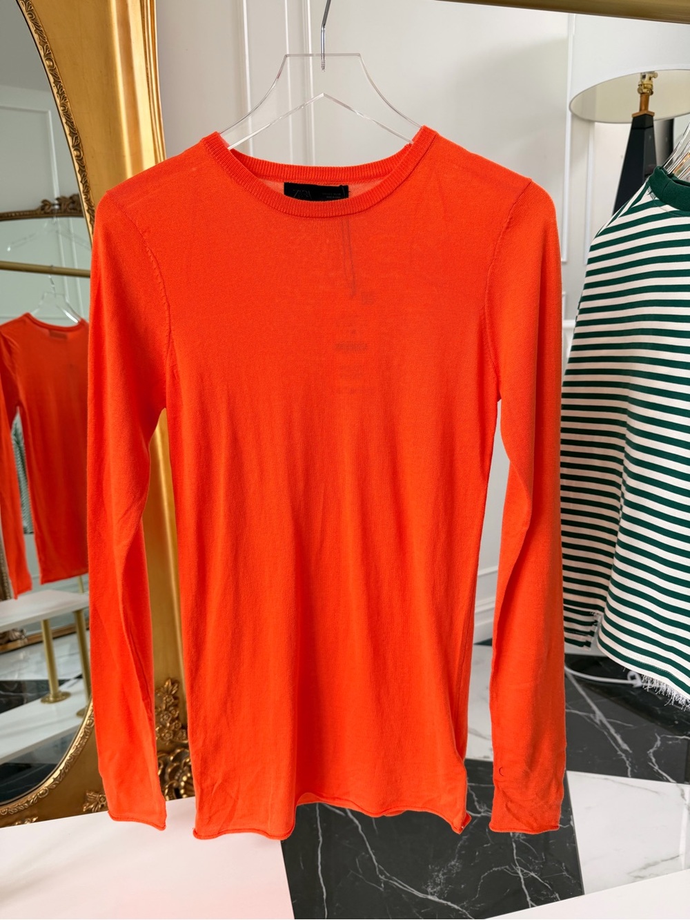 Zara Bright Orange Long-Sleeve Crew Neck Top